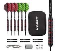 Hy-Pro Darts Set with Case - 22g Steel Tip Darts, 6x Aluminium Shafts, 6x Plastic Shafts, 12 Flights in Red and Green, 6x O'Rings, 6x Spring Rings, Sharpener, Dart Board Accessories Kit