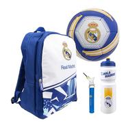 Hy-Pro Officially Licensed Real Madrid Football Set - Size 5 Ball, Storm Backpack, Pump & 750ml Bottle, Complete Football Gifts for Boys & Girls with Official Club Branding - White