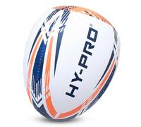 Hy-Pro Rebound Rugby Ball Size 4 - Synthetic Rubber, Dual Grain Grip, Hand Stitched, Durable Latex Bladder - Ideal for Passing & Handling Skills Training, White/Blue/Orange