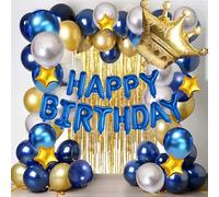 Hyballustw Blue and Gold Happy Birthday Decorations for Men Boys, 58pcs Balloons with Happy Birthday Banner, Metallic Fringe Curtain, Golden Crown for Boy Men 18th 21st 30th 40th 50th