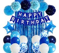 Hyballustw Blue Birthday Decorations for Boys Men Happy Birthday Banner Balloons Navy Royal Light Blue Pom Poms Foil Curtain Décor Royal Blue Decorations for Men Boy