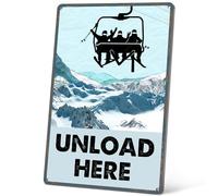 HYBLOM Vintage Unload Here Metal Sign - Ski Decor, Skiing Party Decorations for Chalet, Lodge, Apres Ski, Ski Resort Wall Art, Aluminum 12x8 Inch
