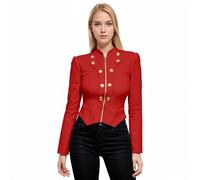 Hybrid & Company Women's Military Crop Stretch Gold Zip Up Blazer Jacket, Red, S