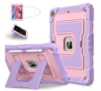 Hybrid Tough Case for iPad 10.2 inch, iPad 9th/8th/7th Generation 2021/2020/2019 Cover Fully-Body Shockproof Kiddie Cover with Crossbody Nylon Strap/Built-in Stand for Boys & Girls, Purple/Pink