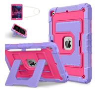 Hybrid Tough Case for iPad 10.2 inch, iPad 9th/8th/7th Generation 2021/2020/2019 Cover Fully-Body Shockproof Kiddie Cover with Crossbody Nylon Strap/Built-in Stand for Boys & Girls, Purple/Red