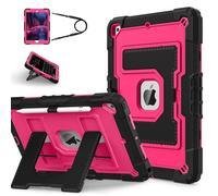 Hybrid Tough Case for iPad 10.2 inch, iPad 9th/8th/7th Generation 2021/2020/2019 Cover Fully-Body Shockproof Kiddie Cover with Crossbody Nylon Strap/Built-in Stand for Boys & Girls, Deep Pink