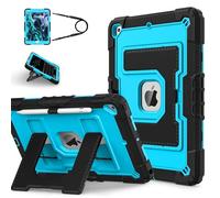 Hybrid Tough Case for iPad 10.2 inch, iPad 9th/8th/7th Generation 2021/2020/2019 Cover Fully-Body Shockproof Kiddie Cover with Crossbody Nylon Strap/Built-in Stand for Boys & Girls, Black/Blue