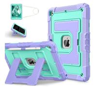 Hybrid Tough Case for iPad 10.2 inch, iPad 9th/8th/7th Generation 2021/2020/2019 Cover Fully-Body Shockproof Kiddie Cover with Crossbody Nylon Strap/Built-in Stand for Boys & Girls, Purple/Green
