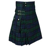 Hybrid Utility Kilt For Men With Tartan Mens Cargo Kilt Blue-Green Contrast Plaid Skirt Scottish Highland Casual Kilts Formal Special Occasions Skirts With Metal Straps Skirts Length Bottoms