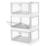 HYBRIDEAS 3-Pack Clear Stackable Storage Bins with Lids Magnetic Doors Open Front Foldable Folding Plastic Craft Containers Large Closet Organizers Box for Bedrooms Living Rooms Study Kids' Toys 24 QT