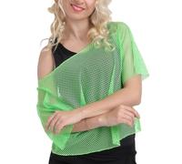 Hybursky 80s Neon Fishnet Top for Women, Off Shoulder Short Sleeve Mesh T-Shirt, 1980s Neon Fancy Dress Disco Costume Carnival Music Festival Casual Top Retro Theme Party Outfits (Green)