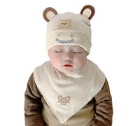 Hybursky Baby Beanie Hat with Triangle Scarf Kit, Cute Bear Ears Infant Cotton Hat with Dribble Bibs, Warm Newborn Beanies Cap Baby Bandana for 0-12 Months Toddler Boys Girls (Beige)