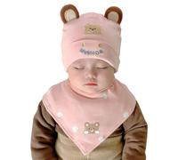Hybursky Baby Beanie Hat with Triangle Scarf Kit, Cute Bear Ears Infant Cotton Hat with Dribble Bibs, Warm Newborn Beanies Cap Baby Bandana for 0-12 Months Toddler Boys Girls (Pink)