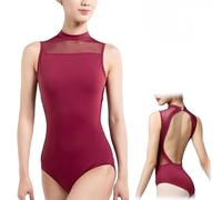 Hybursky Ballet Bodysuit for Women Mesh Sleeveless Dance Leotard Turtleneck Backless Gymnastics Leotards Jumpsuit Top Dance Costume Adult Dancewear(Burgundy/L)