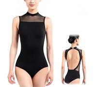 Hybursky Ballet Bodysuit for Women Mesh Sleeveless Dance Leotard Turtleneck Backless Gymnastics Leotards Jumpsuit Top Dance Costume Adult Dancewear(Black/XL)