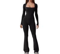 Hybursky Gym Jumpsuit for Women Long Sleeve Bodycon Bodysuit Seamless Square Neck Flared Wide Leg Yoga Playsuit Slim Fit Casual Full Length Jumpsuits Workout Going Outfits, Black/XL