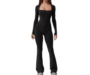 Hybursky Gym Jumpsuit for Women Long Sleeve Bodycon Bodysuit Seamless Square Neck Flared Wide Leg Yoga Playsuit Slim Fit Casual Full Length Jumpsuits Workout Going Outfits, Black/XL