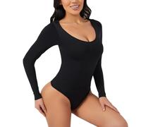 Hybursky Long Sleeve Bodysuit for Women Black Scoop Neck Jumpsuit Body Suits Leotard Slim Fit Going Out Tops Tummy Control Shapewear Seamless Shaping Thong L