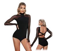 Hybursky Long Sleeve Dance Leotard for Women Mesh Patchwork Ballet Bodysuit Halter Neck Backless Latin Dance Top Gymnastics Leotards Tops Jazz Costume Adult Dancewear, Black/M