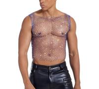 Hybursky Men's Fishnet Crop Top Sexy Glitter Vest See Through Sleeveless Shirts Hollow Out Muscle Tank Top Novelty Party Clubwear Music Festivals Rave Outfits（Blue/L）