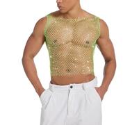 Hybursky Men's Fishnet Crop Top Sexy Glitter Vest See Through Sleeveless Shirts Hollow Out Muscle Tank Top Novelty Party Clubwear Music Festivals Rave Outfits(Green/L)
