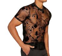 Hybursky Men's Floral Sheer Mesh T-shirt, Sexy Black See Through Crew Neck Short Sleeve Tops Undershirt Transparent Flower Tee Top Skinny Shirts for Party Rave Disco Clubwear Streetwear (XL)