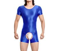 Hybursky Men's Glossy Bodysuit Short Sleeve Gym Jumpsuit Shiny Round Neck One Piece Seamless Leotard Wrestling Singlet Unitard Casual Workout Playsuits Festival Rave Nightwear, Blue/XL