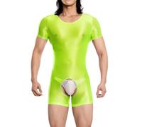 Hybursky Men's Glossy Bodysuit Short Sleeve Gym Jumpsuit Shiny Round Neck One Piece Seamless Leotard Wrestling Singlet Unitard Casual Workout Playsuits Festival Rave Nightwear, Neon Green/XL
