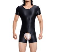 Hybursky Men's Glossy Bodysuit Short Sleeve Gym Jumpsuit Shiny Round Neck One Piece Seamless Leotard Wrestling Singlet Unitard Casual Workout Playsuits Festival Rave Nightwear, Black/M