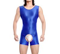 Hybursky Men's Glossy Bodysuit Sleeveless Gym Jumpsuit Vest Top Shiny Round Neck One Piece Leotard Wrestling Singlet Unitard Casual Workout Playsuits Festival Rave Nightwear Blue/XL