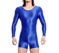 Hybursky Men's Glossy Wrestling Singlet Long Sleeve Gym Jumpsuit Bodysuit Shiny Round Neck One Piece Seamless Leotard Unitard Casual Workout Playsuits Festival Rave Nightwear Clubwear, Blue/XL