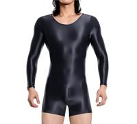 Hybursky Men's Glossy Wrestling Singlet Long Sleeve Gym Jumpsuit Bodysuit Shiny Round Neck One Piece Seamless Leotard Unitard Casual Workout Playsuits Festival Rave Nightwear Clubwear, Black/M
