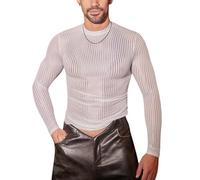 Hybursky Men's Sheer Tops Long Sleeve Mesh Top See Through Crew Neck Y2K Going Outfits Striped Pattern Shirts Blouses Sexy Basic T-Shirt for Party Clubwear Festival Disco Nightwear, White