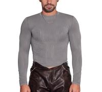 Hybursky Men's Sheer Tops Long Sleeve Mesh Top See Through Crew Neck Y2K Going Outfits Striped Pattern Shirts Blouses Sexy Basic T-Shirt for Party Clubwear Festival Disco Nightwear, Grey