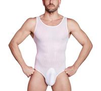 Hybursky Men's Sleeveless Leotard Bodysuit See Through Striped One Piece Jumpsuits Undershirt Mens Lingerie Bodysuits Sheer Mesh Wrestling Singlet Party Clubwear Nightwear, White