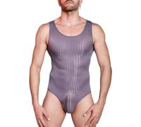 Hybursky Men's Sleeveless Leotard Bodysuit See Through Striped One Piece Jumpsuits Undershirt Mens Lingerie Bodysuits Sheer Mesh Wrestling Singlet Party Clubwear Nightwear, Grey