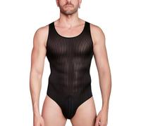 Hybursky Men's Sleeveless Leotard Bodysuit See Through Striped One Piece Jumpsuits Undershirt Mens Lingerie Bodysuits Sheer Mesh Wrestling Singlet Party Clubwear Nightwear, Black