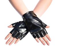 Hybursky PU Leather Fingerless Gloves for Men Women Half Finger Short Glove Shiny Metallic Wetlook Punk Gloves Cosplay Hollow Dance Mittens 80's Disco Party Costume, Black