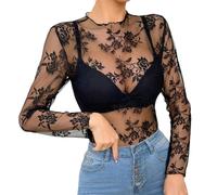 Hybursky Sexy Sheer Lace Rose Top for Women, See Through Mock Neck Long Sleeve Mesh T-shirt Embroidered Flower Base Shirt Casual Lady Blouse Going Out Tops Clubwear Streetwear (Black-XL)