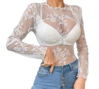 Hybursky Sexy Sheer Lace Rose Top for Women, See Through Mock Neck Long Sleeve Mesh T-shirt Embroidered Flower Base Shirt Casual Lady Blouse Going Out Tops Clubwear Streetwear (White-XL)