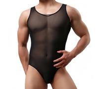 Hybursky Sheer Bodysuit for Men Mesh Sleeveless Leotard Top One Piece Jumpsuit See Through Tank Tops Underwear Briefs Black Body Suits Undershirt Clubwear Nightwear, 2XL