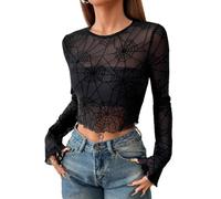 Hybursky Sheer Spiderweb Print Mesh Top for Women, Black Sexy See Through Spider Web Pattern Frilly Long Sleeve Crop Tops Slim Fit Base T-Shirt Causal Flared Sleeve Going Out Tops Streetwear (L)