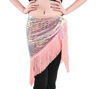 Hybursky Shiny Sequins Tassel Skirt Sparkly Belly Dance Hip Scarf Belly Dancing Skirt Wrap Hula Latin Dance Fringe Hip Belt for Women Girls Festival Performance Rave Party Dancewear (Pink)