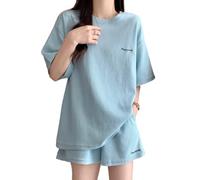 Hybursky Short Sleeve Womens Tracksuits Waffle Pattern Two Piece Summer Outfit Causal Oversized Co Ord Set Gym Activewear Loose Crew Neck Pullover Shirt and Short Sweatpants with Pockets (Blue/M)