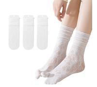 Hybursky Tabi Flip Flop Socks for Women 3 Pairs Cotton Japanese Split Toe Socks Hollow Out Cute Casual Ruffle Frilly Calf Sock(White)