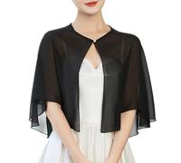 Hybursky Women Chiffon Cape Shawl, Elegant Pearl Buckle Capelet Open Front Shawl and Wrap for Evening Dress, Sheer Cardigans Wedding Bridal Shoulder Cover Up Sun Protection Poncho Short Coat (Black)