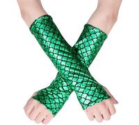 Hybursky Women Fish Scale Gloves, Shiny Metallic Arm Sleeves Fingerless Fish Scale Costume Gloves for Cosplay Party Costume Accessories for Girls Ladies Halloween Carnival Club Dancewear, Green