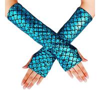 Hybursky Women Fish Scale Gloves, Shiny Metallic Arm Sleeves Fingerless Fish Scale Costume Gloves for Cosplay Party Costume Accessories for Girls Ladies Halloween Carnival Club Dancewear, Blue
