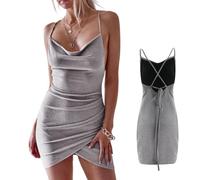 Hybursky Women Glitter Mini Dress, Sparkly Spaghetti Strap Sleeveless Lace Up Short Dress, Deep-V Neck Backless Ruched Bodycon Dresses for Cocktail Rave Party Disco Clubwear Outfit (Silver-M)