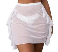 Hybursky Women Sheer Beach Cover up Skirt See Through Mesh Bikini Mini Skirts Elastic Waisted Swimsuit Wrap Summer Short Beachwear, White/XL